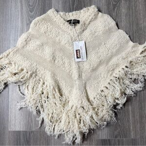 Lanart Alpaca Cropped Cream Poncho Knit with Fringe NWT